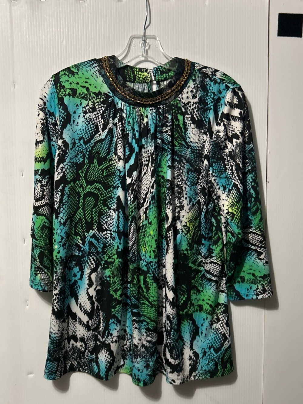 Passport Green, Teal & Black Snake-Print Blouse with Embellished Neckline